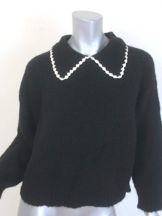 The Great Sweaters - THE GREAT The Crochet Collar Pullover Sweater Black Alpaca-Blend Size 0